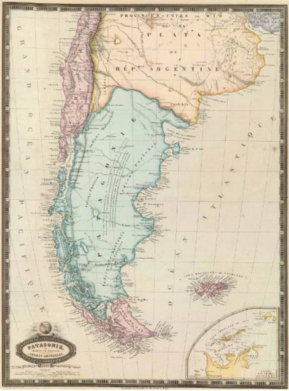Mapa francês de 1862 mostra a Patagônia como terra de ninguém, apesar de reinvidicada pela Argentina. A Terra do fogo e extremo sul tem a mesma cor das Falkland e parecem pertencer à inglaterra (imagem da Internet)